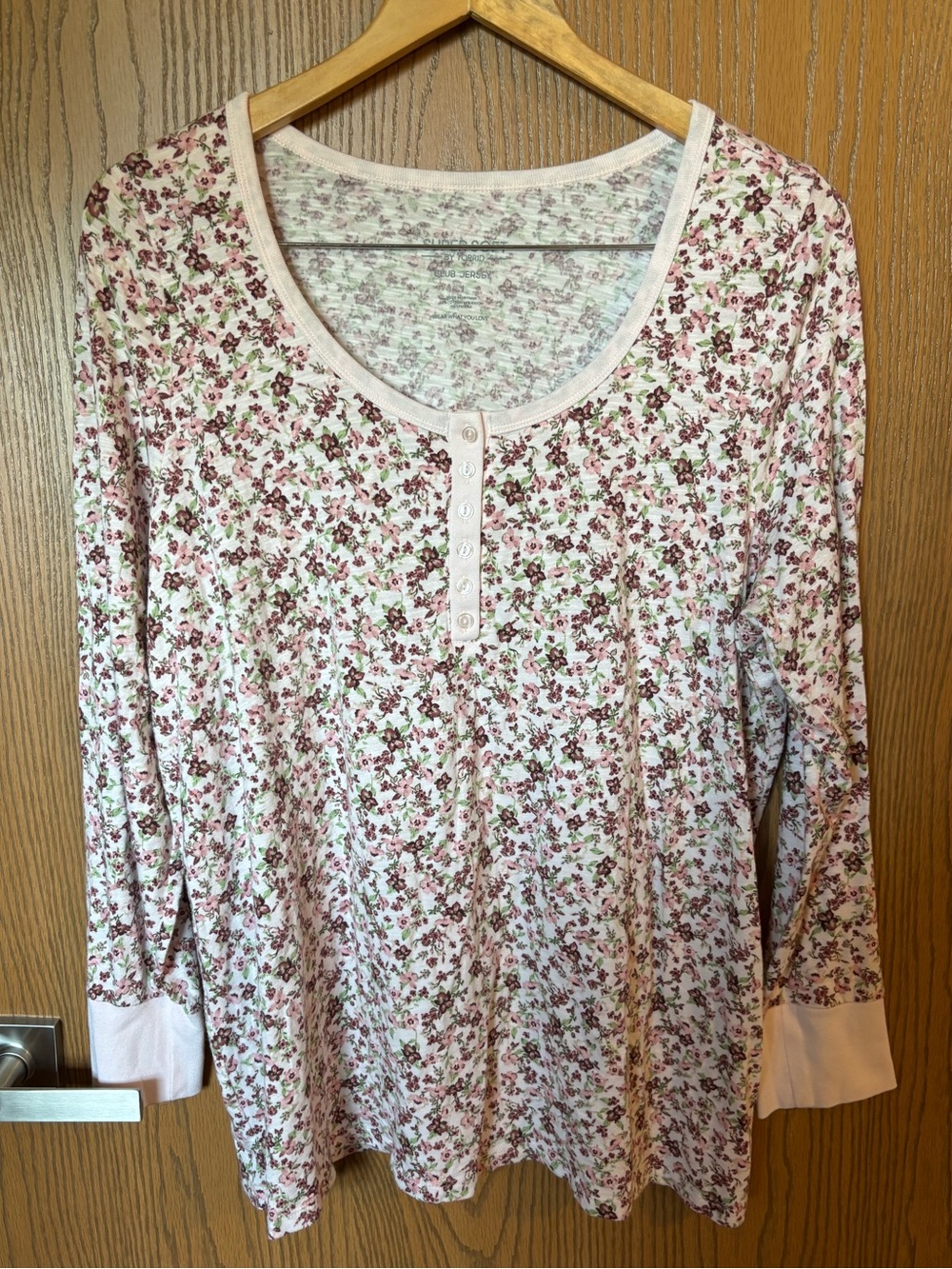 torrid Pink Floral Henley Long-Sleeve Top with Green Accents